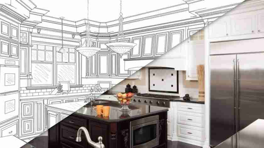 A kitchen split in half. One half is a sketched design and the other half is a photo with new appliances and features.