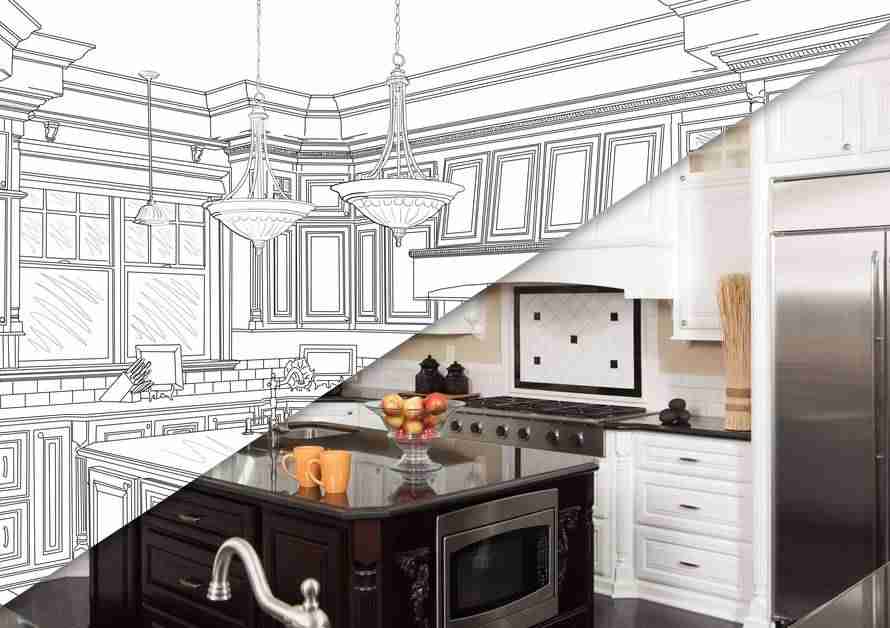 A kitchen split in half. One half is a sketched design and the other half is a photo with new appliances and features.