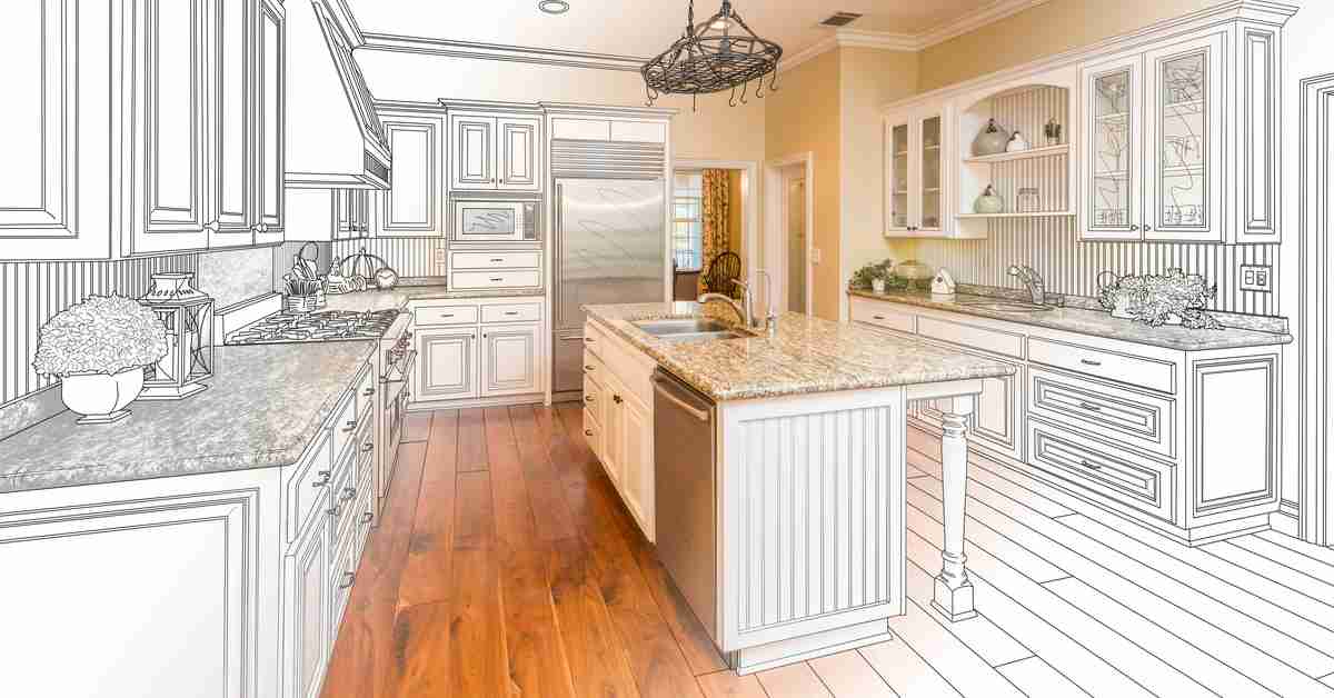 A design of a U-shaped kitchen combines sketches and real images of a kitchen island, dishwasher, and sink.