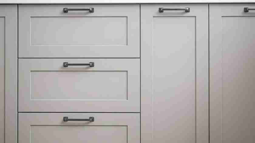 Light gray cabinets and drawers of different widths and heights. They have sleek, metal, modern-looking hardware.