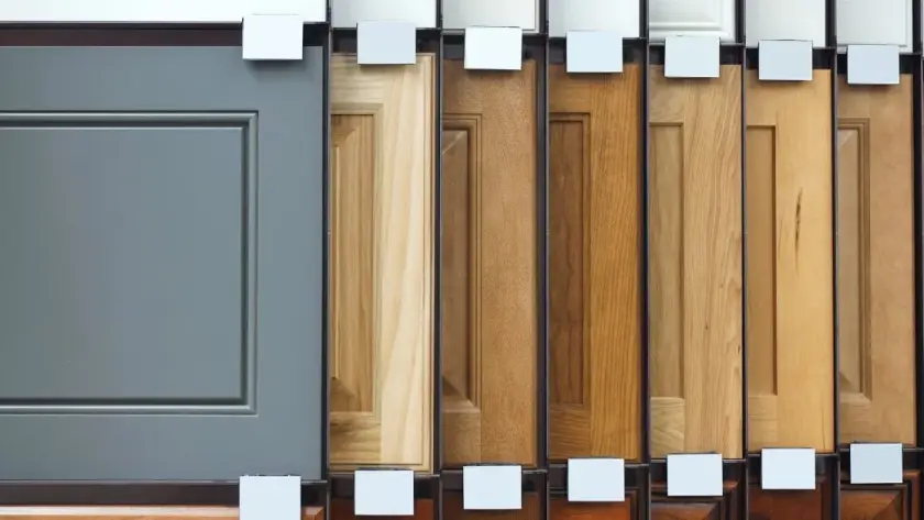 Wood cabinet samples lined up against a wall. The cabinets are displayed with different wood and finishes.