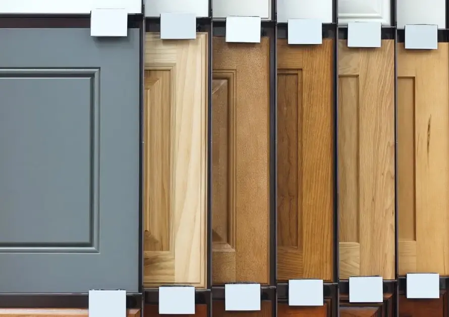 Wood cabinet samples lined up against a wall. The cabinets are displayed with different wood and finishes.