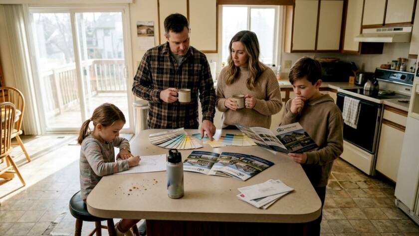 Family reviews remodeling plans in kitchen