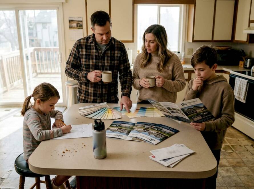 Family reviews remodeling plans in kitchen