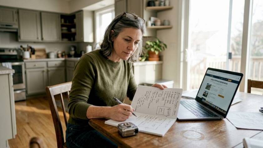 Woman planning home renovation at kitchen table