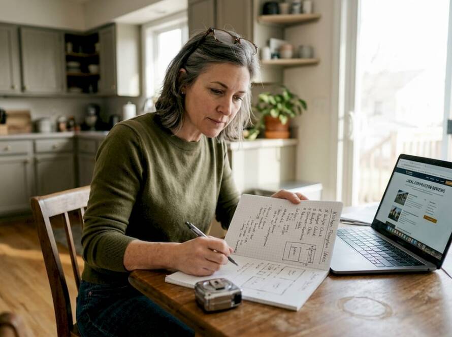 Woman planning home renovation at kitchen table