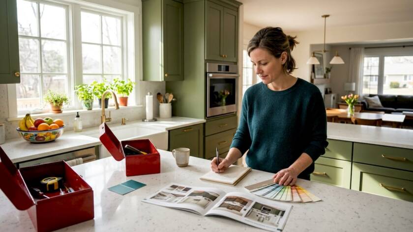 Woman planning renovation in bright kitchen