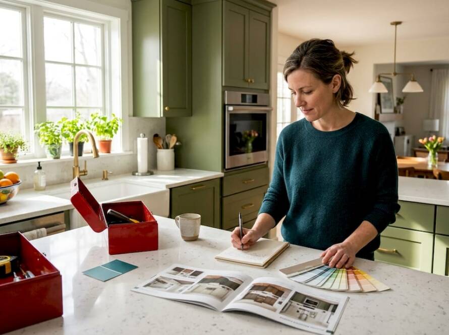 Woman planning renovation in bright kitchen
