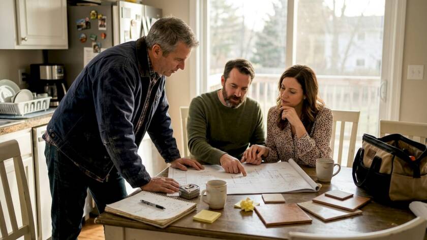 Renovation pro reviewing plans with homeowners