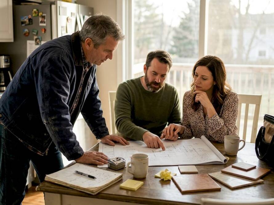 Renovation pro reviewing plans with homeowners