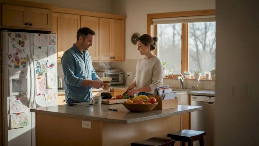 Couple using modern open kitchen in morning