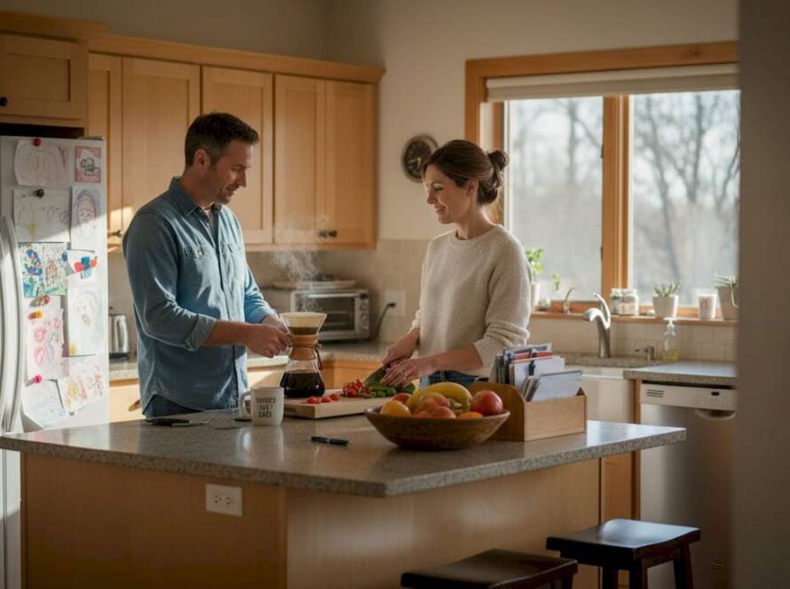 Couple using modern open kitchen in morning