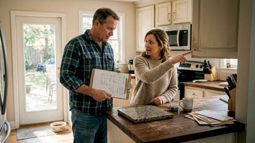 Homeowner and contractor discuss kitchen remodel