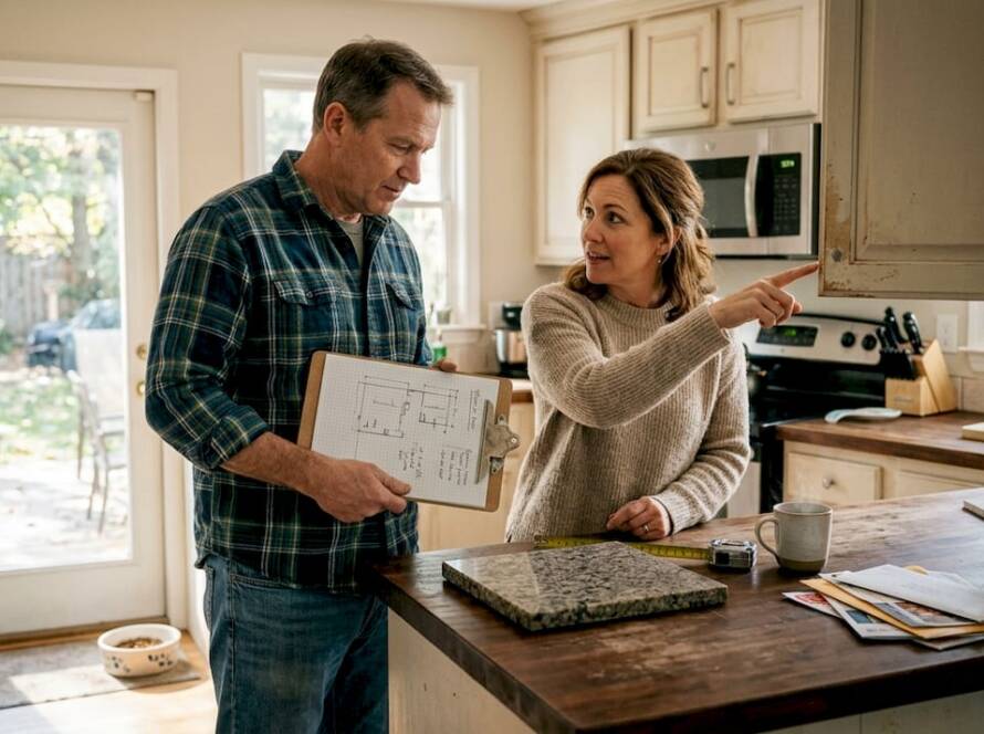 Homeowner and contractor discuss kitchen remodel
