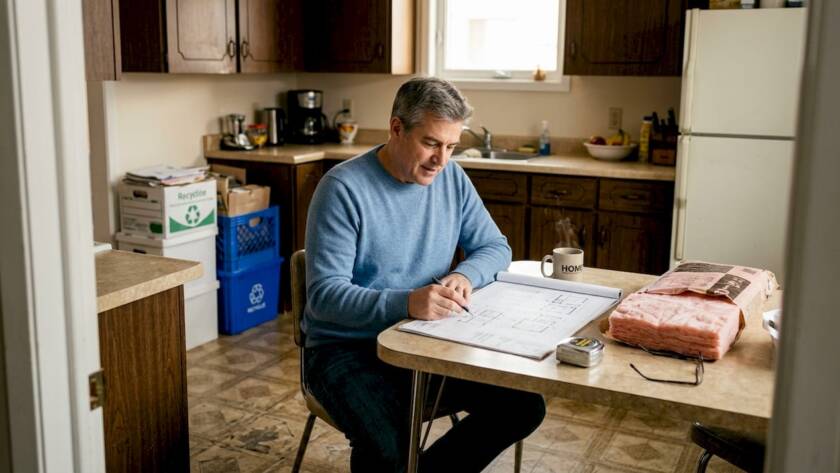 Homeowner reviewing sustainable remodel plans in kitchen