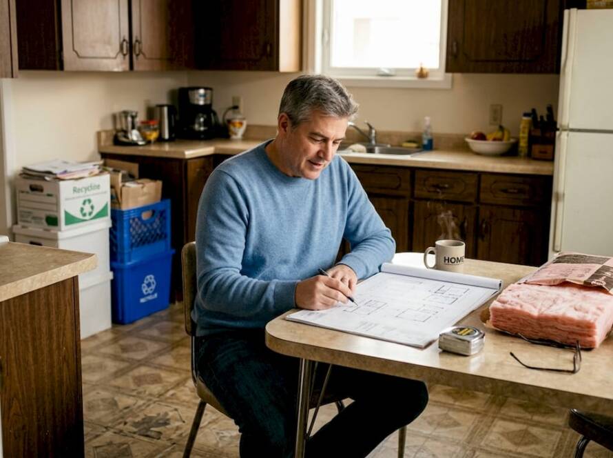 Homeowner reviewing sustainable remodel plans in kitchen