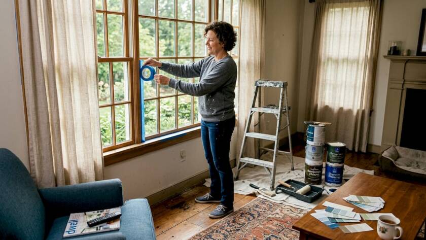 Homeowner taping edges for painting project