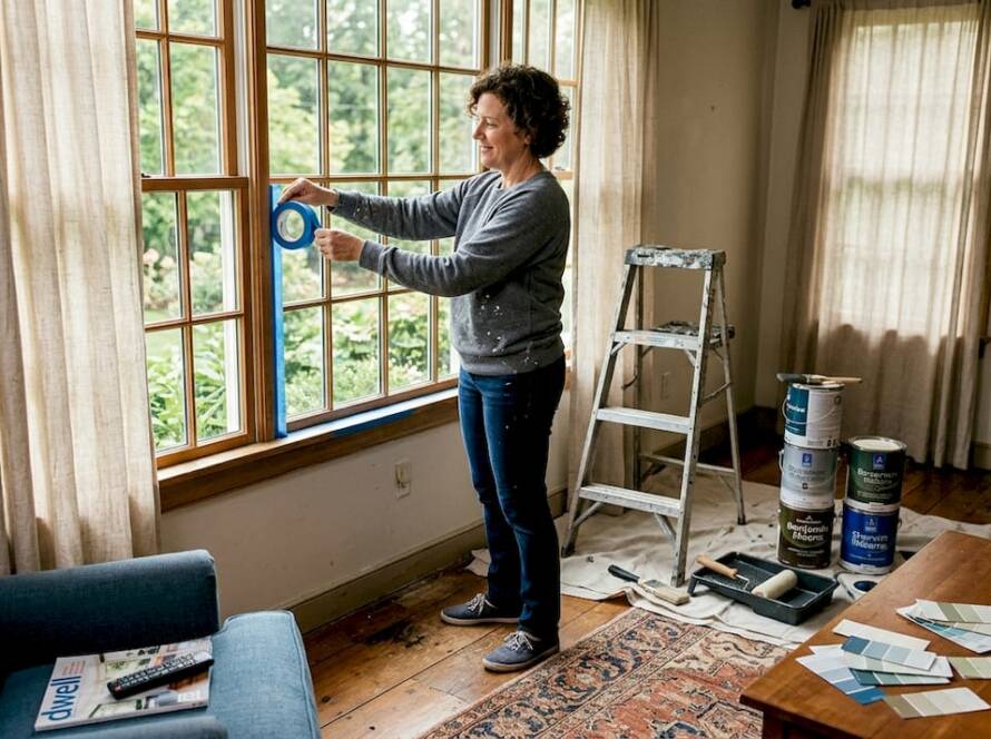 Homeowner taping edges for painting project