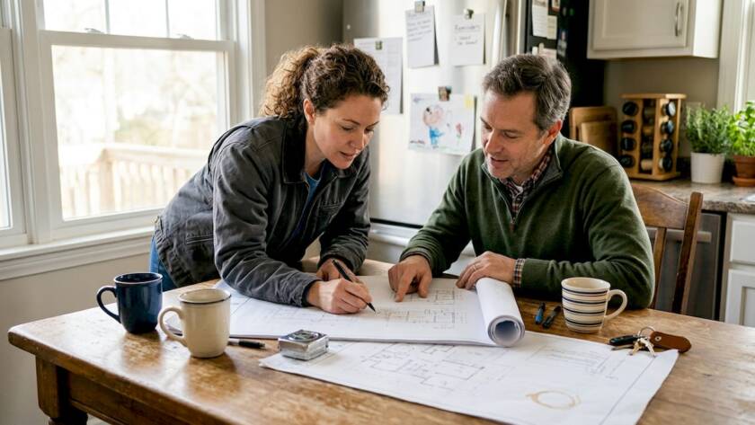 Homeowner and contractor reviewing renovation plans