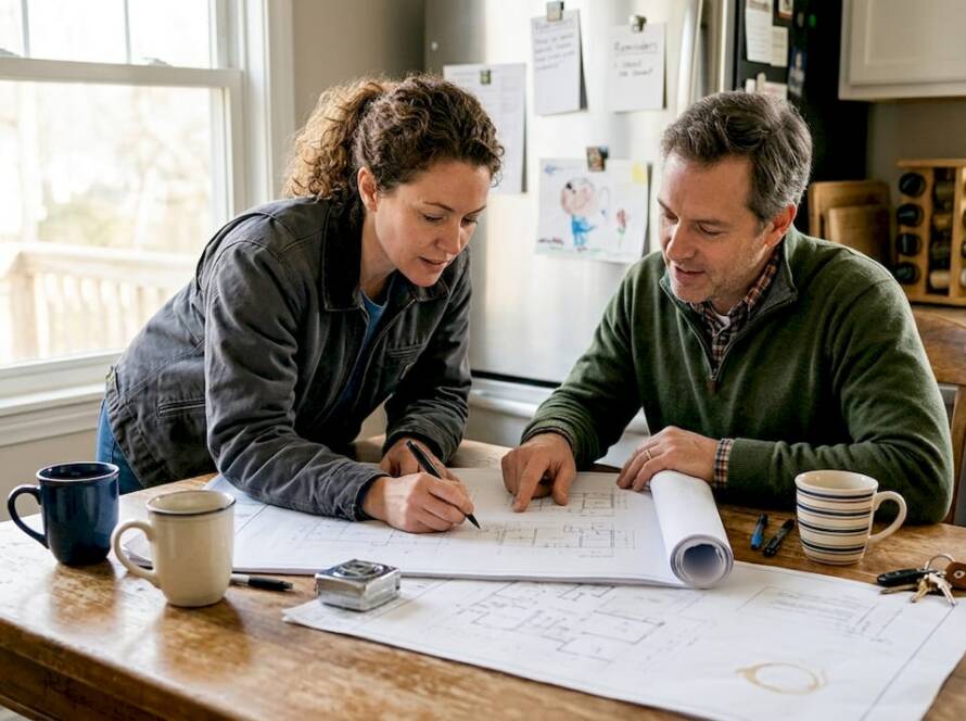 Homeowner and contractor reviewing renovation plans