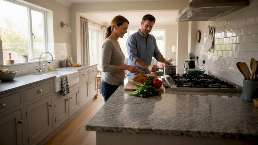Family making dinner in everyday kitchen