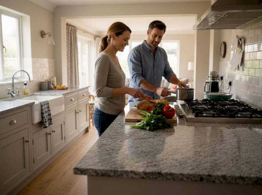 Family making dinner in everyday kitchen