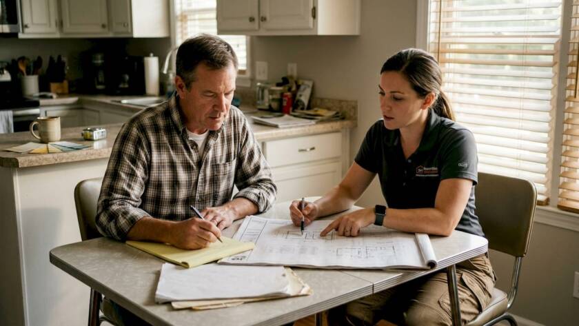 Homeowner and contractor reviewing renovation plans