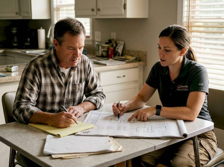 Homeowner and contractor reviewing renovation plans