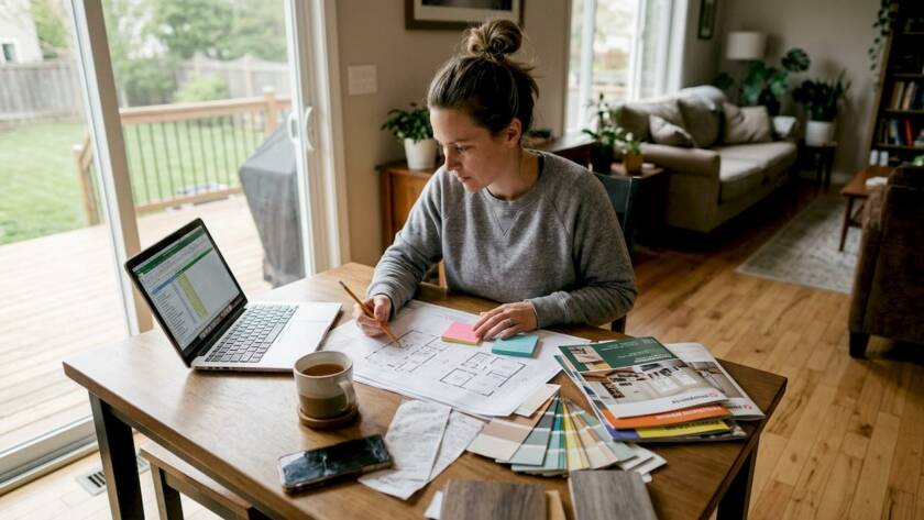 Homeowner reviewing remodel plans at kitchen table