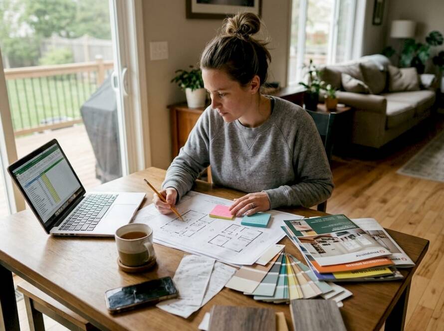 Homeowner reviewing remodel plans at kitchen table