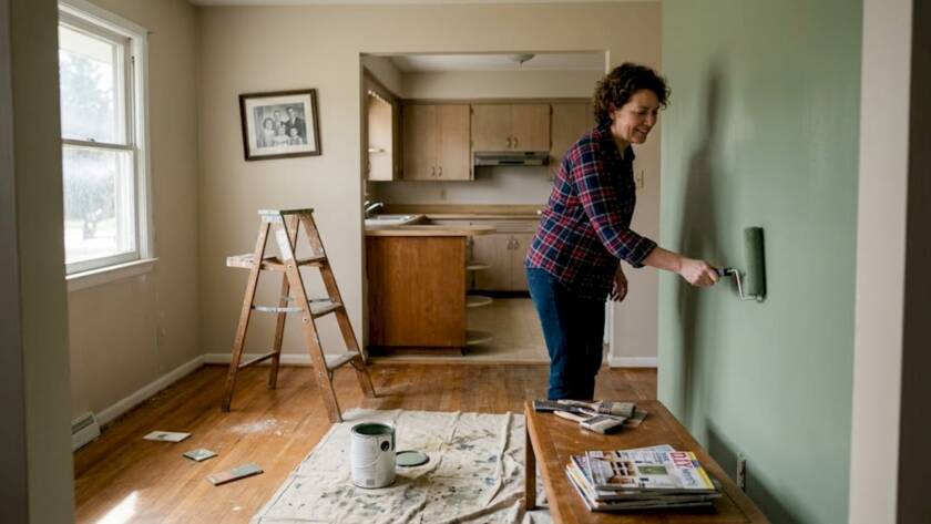 Homeowner painting in mid-renovation living space