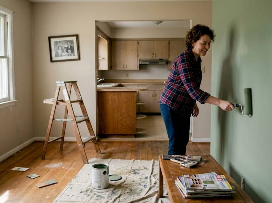 Homeowner painting in mid-renovation living space