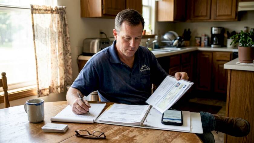 Contractor reviewing paperwork at kitchen table