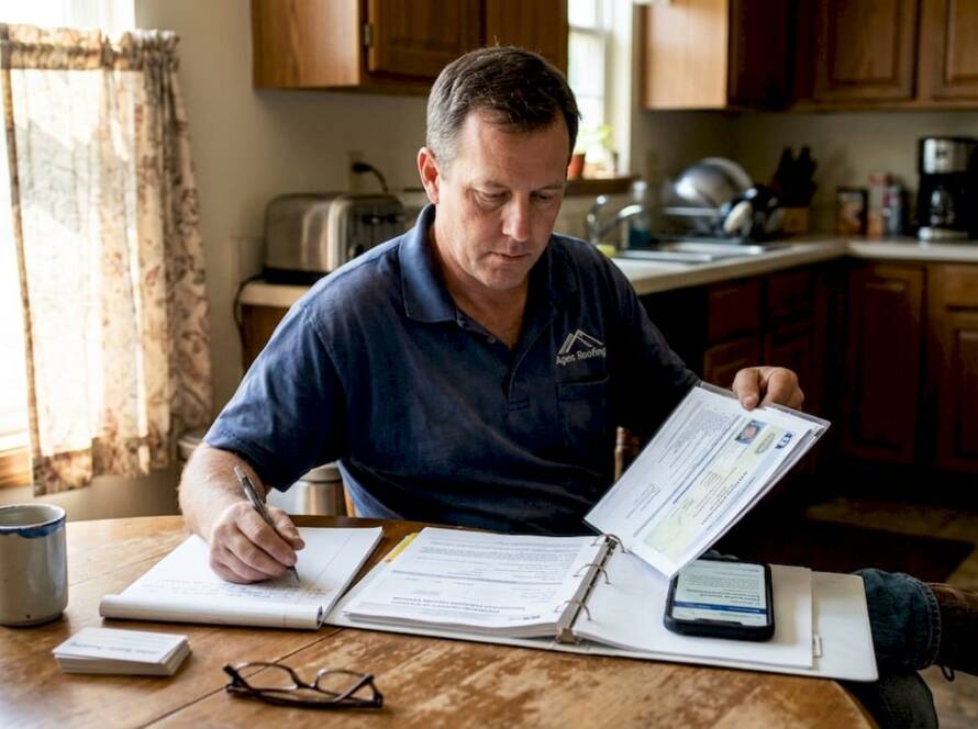 Contractor reviewing paperwork at kitchen table