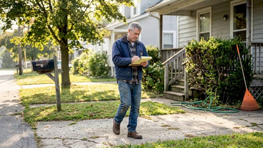 Homeowner inspecting suburban property exterior