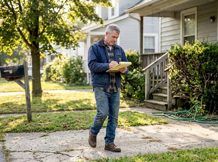Homeowner inspecting suburban property exterior