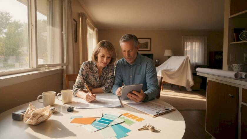 Couple planning remodeling project at kitchen table