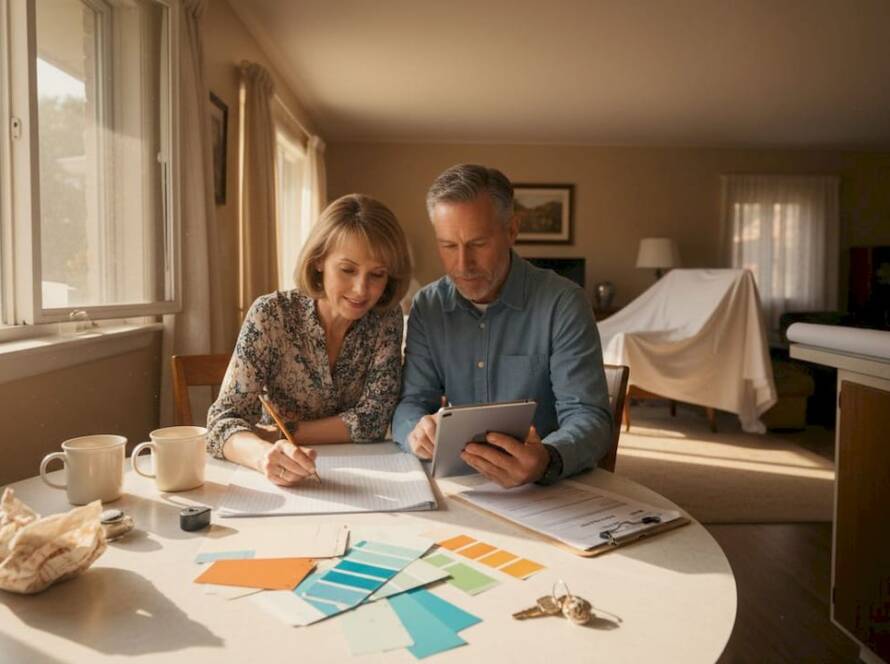 Couple planning remodeling project at kitchen table