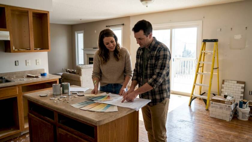 Couple reviewing renovation plans in kitchen