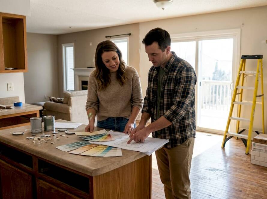 Couple reviewing renovation plans in kitchen