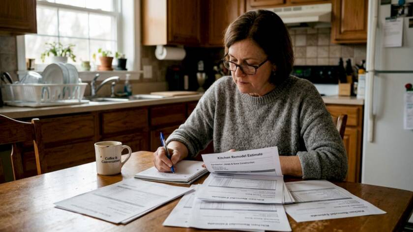 Homeowner reviewing renovation estimate at kitchen table