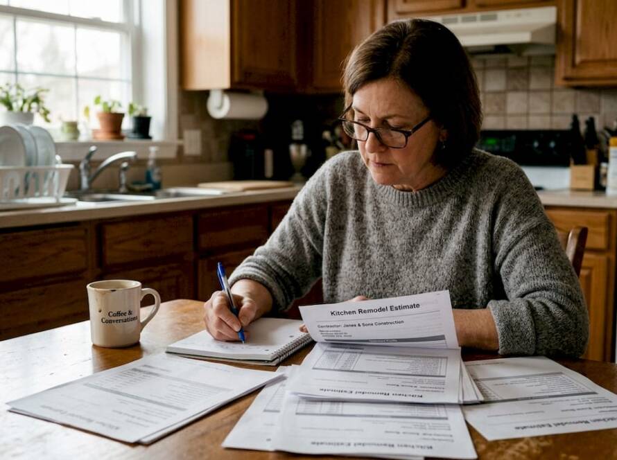 Homeowner reviewing renovation estimate at kitchen table