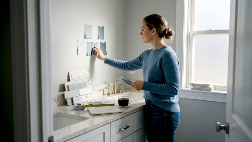 Woman planning home bathroom renovation