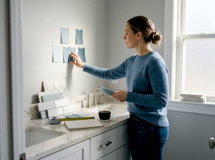 Woman planning home bathroom renovation
