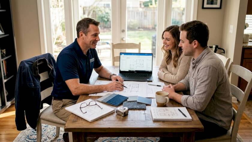 Home contractor and clients discuss renovation plans