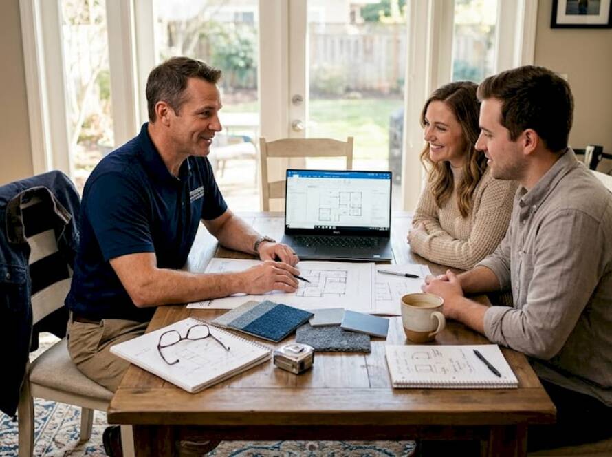 Home contractor and clients discuss renovation plans