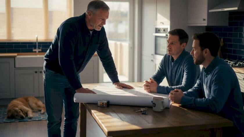 Contractor meeting with homeowners at kitchen table