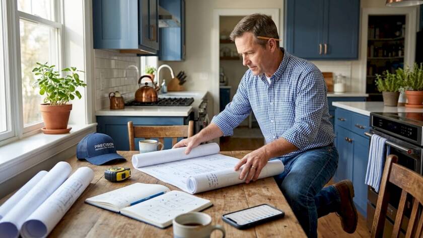 Contractor reviewing blueprints in kitchen