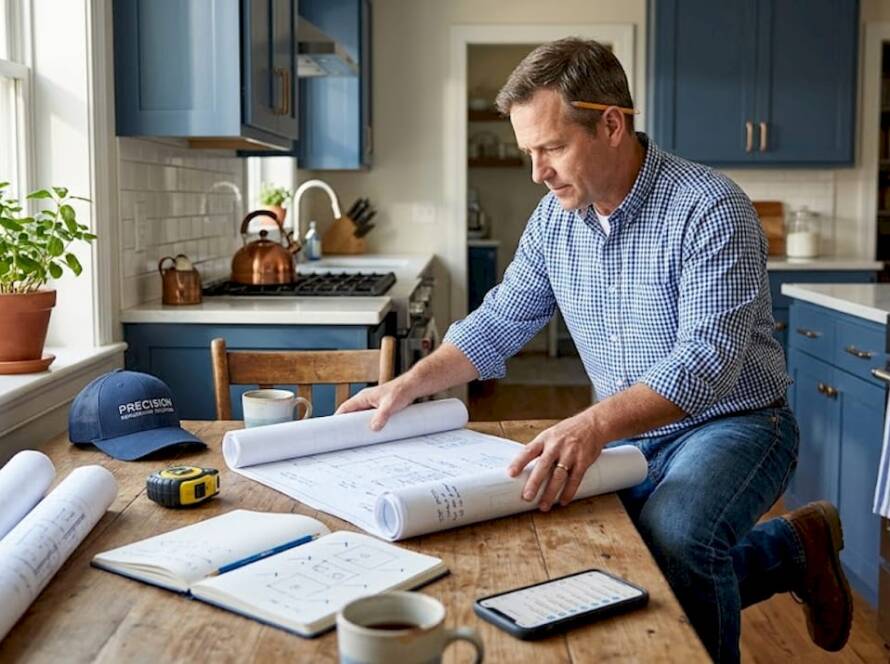 Contractor reviewing blueprints in kitchen