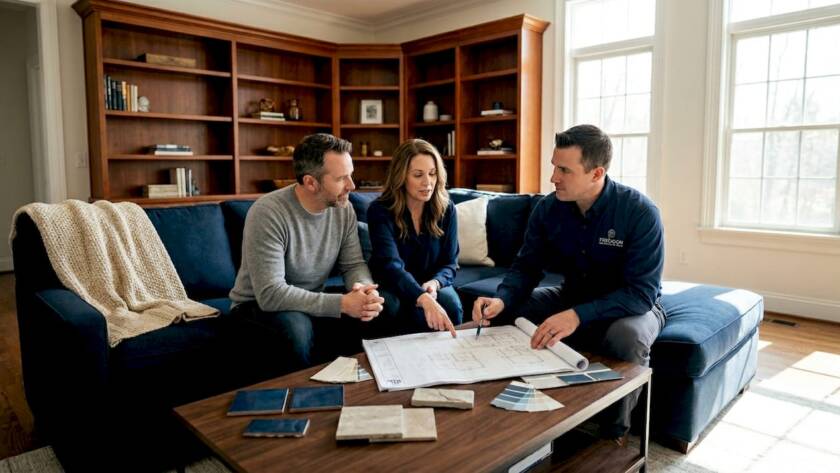 Couple reviews remodeling plans in living room
